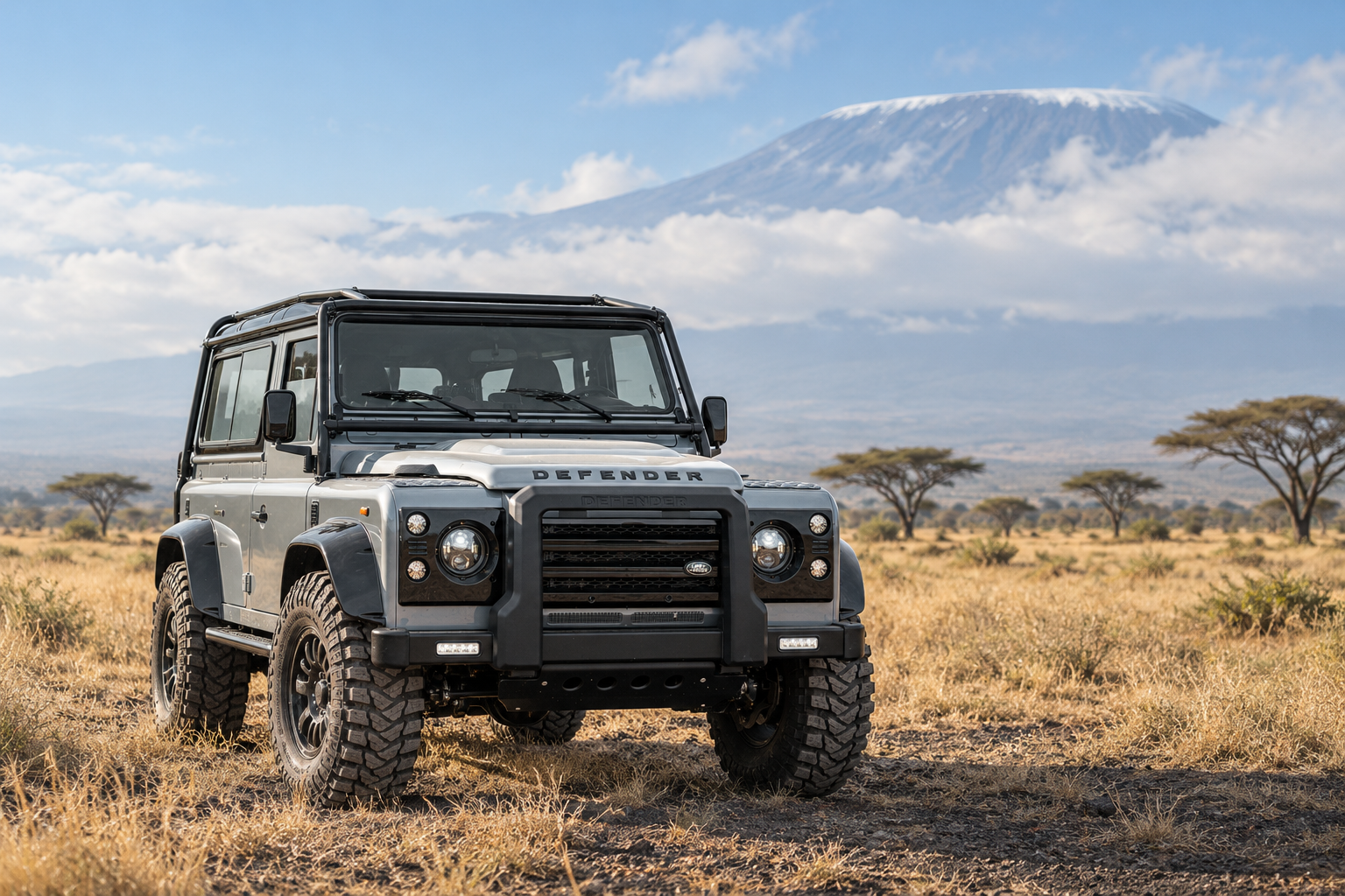 Silver expedition four-wheel drive beneath Kilimanjaro in Kenya