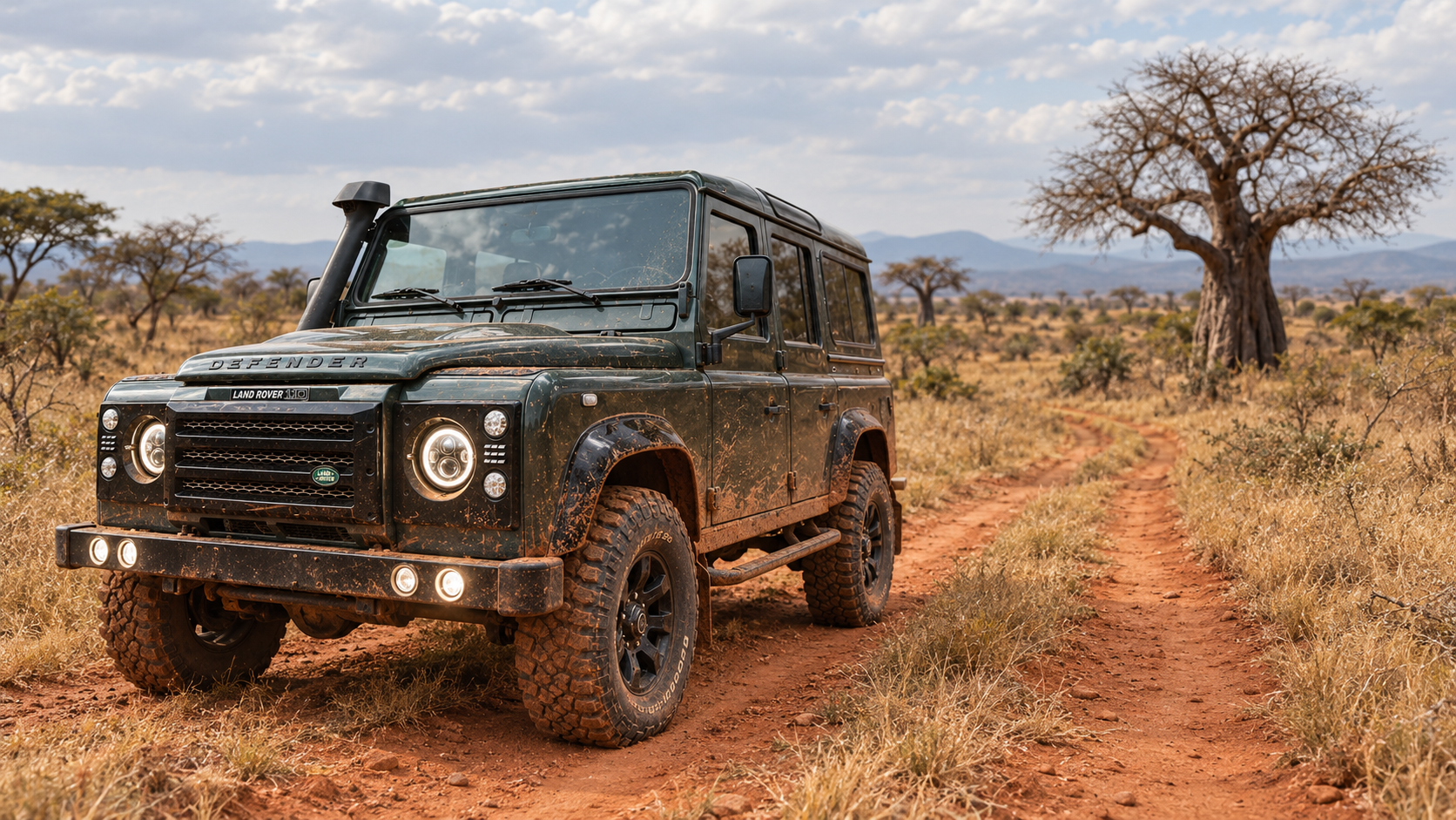 Long-wheelbase green four-wheel drive on a red-earth route through baobab country