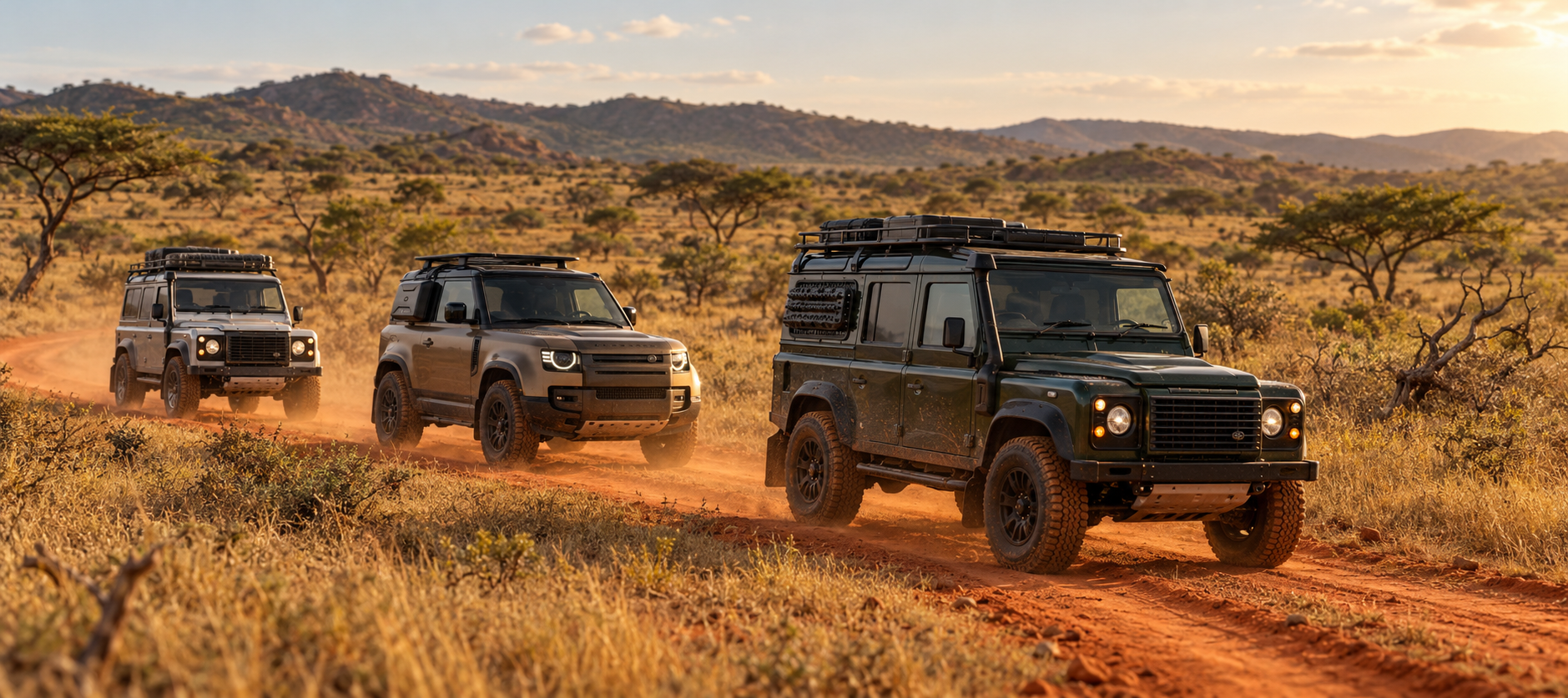 Three expedition four-wheel drives crossing remote Kenyan bushland