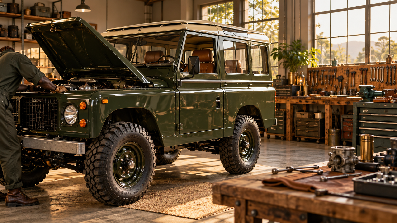 Vintage-inspired four-wheel drive in a restoration workshop
