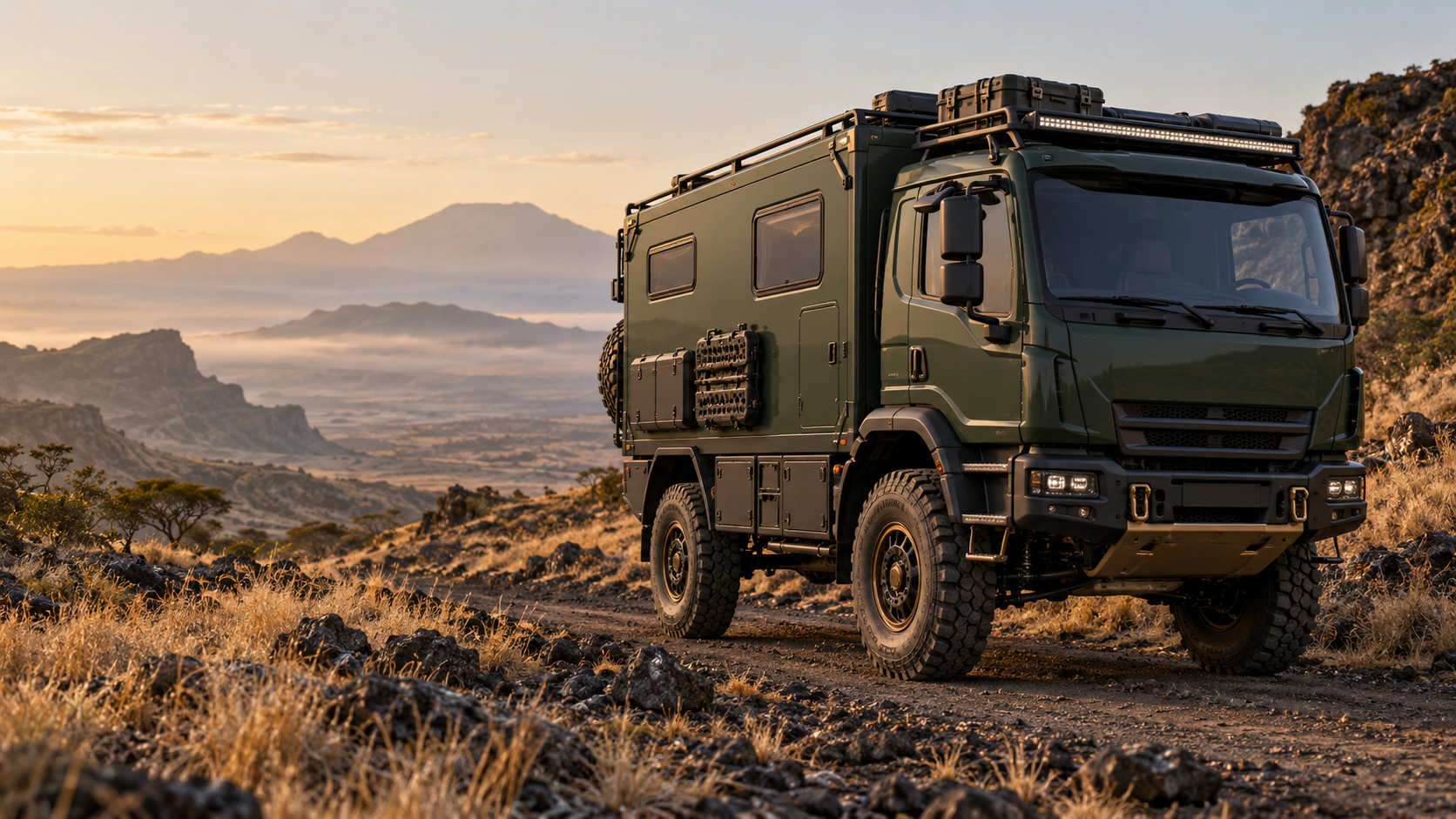 Forest-green cab-over 4x4 expedition truck rendering in an East African landscape